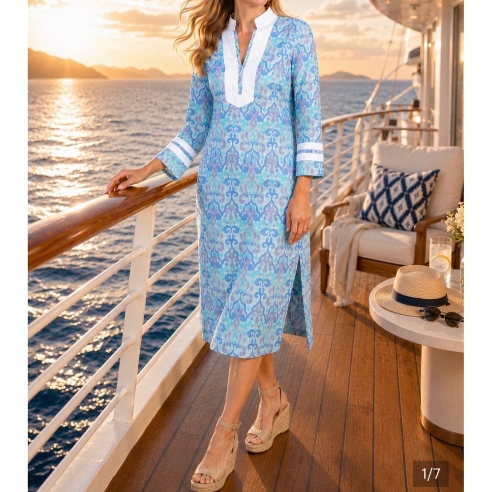 Sail to Sable Ikat Long Sleeve Caftan Dress Large Blue Green Cotton NEW